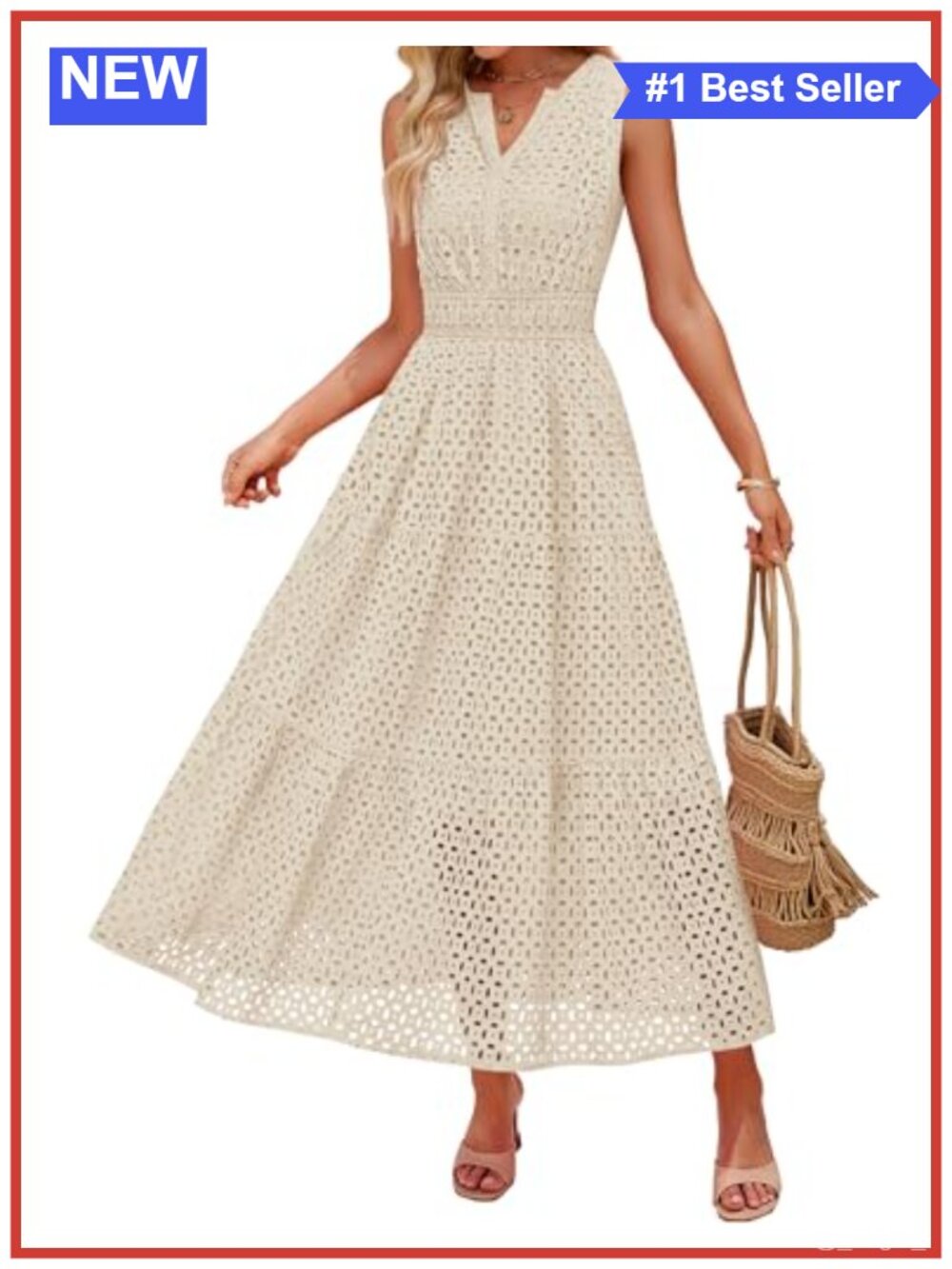 ZESICA Women's Sleeveless V Neck Eyelet A Line Flowy Maxi Dress